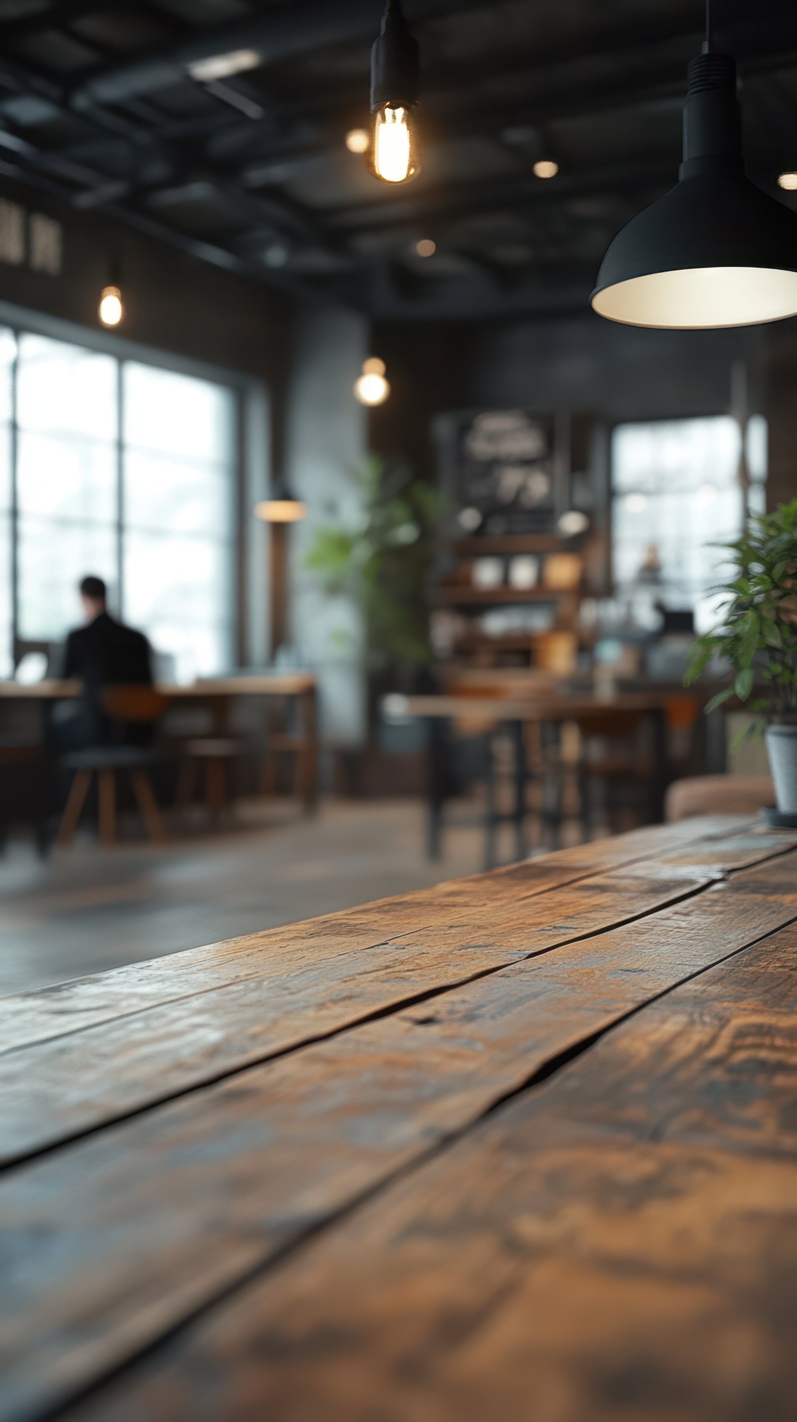 Cozy workspace in a modern cafe with greenery and rustic decor during early afternoon